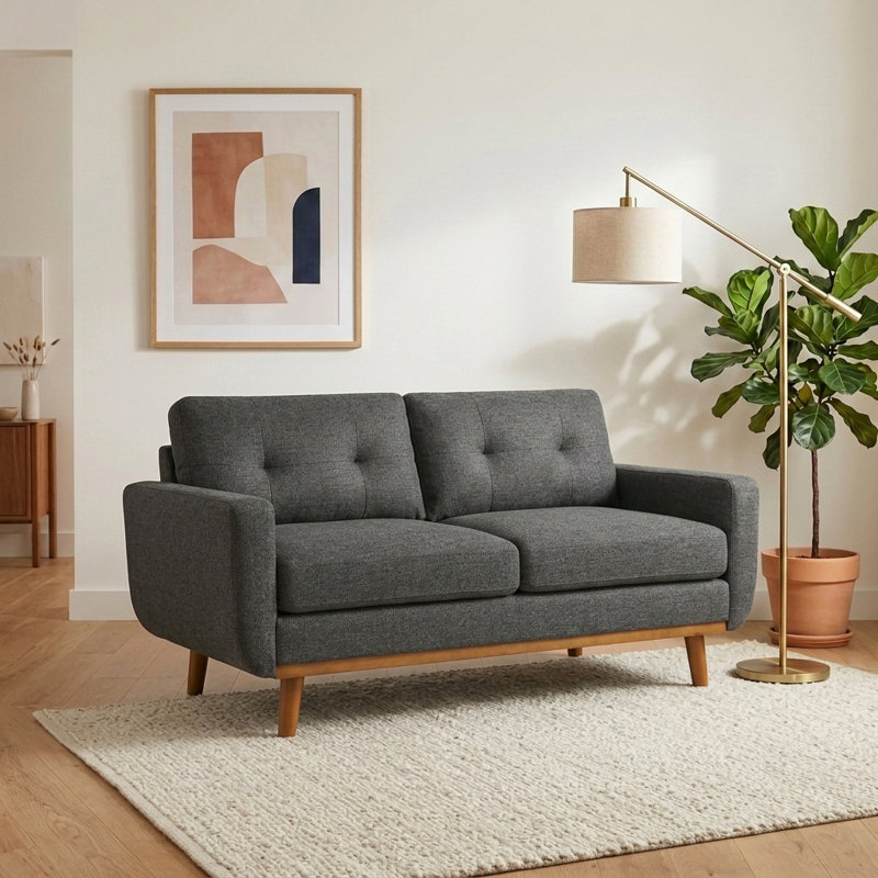 Canapé capitonné 67,7 po Mid-Century avec pieds en bois, Gris foncé