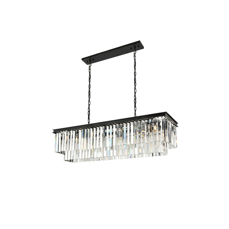 Lustre rectangulaire unique à 12 lumières Dahlonega, H 18 po x l 50 po x P 14 po, Cristal (transparent), Brun moka