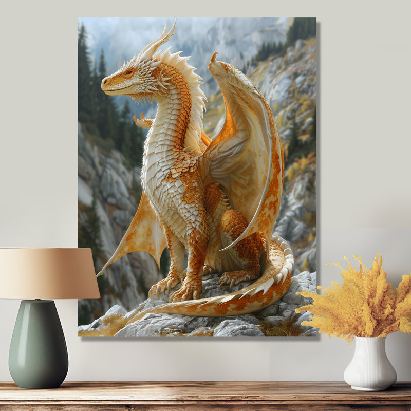 Décoration murale dragon jaune et blanc avec ailes dorées et dragons, Toile encadrée blanche avec une seule photo