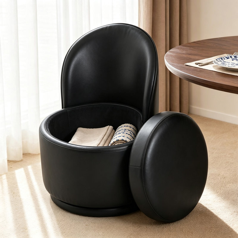 Chaise rembourrée moderne avec dossier incurvé et base ronde, Faux Leather Black