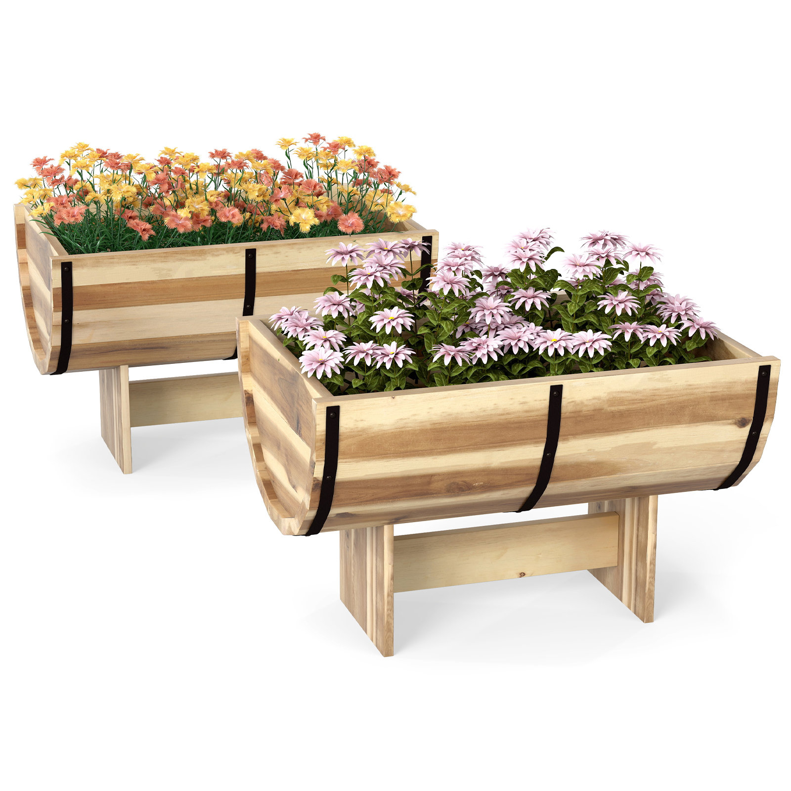 Millwood Pines 2 Pack Rustic Half Barrel Planters Wooden Flower Boxes with  Acacia Wood Frame | Wayfair, image size:1600x1600