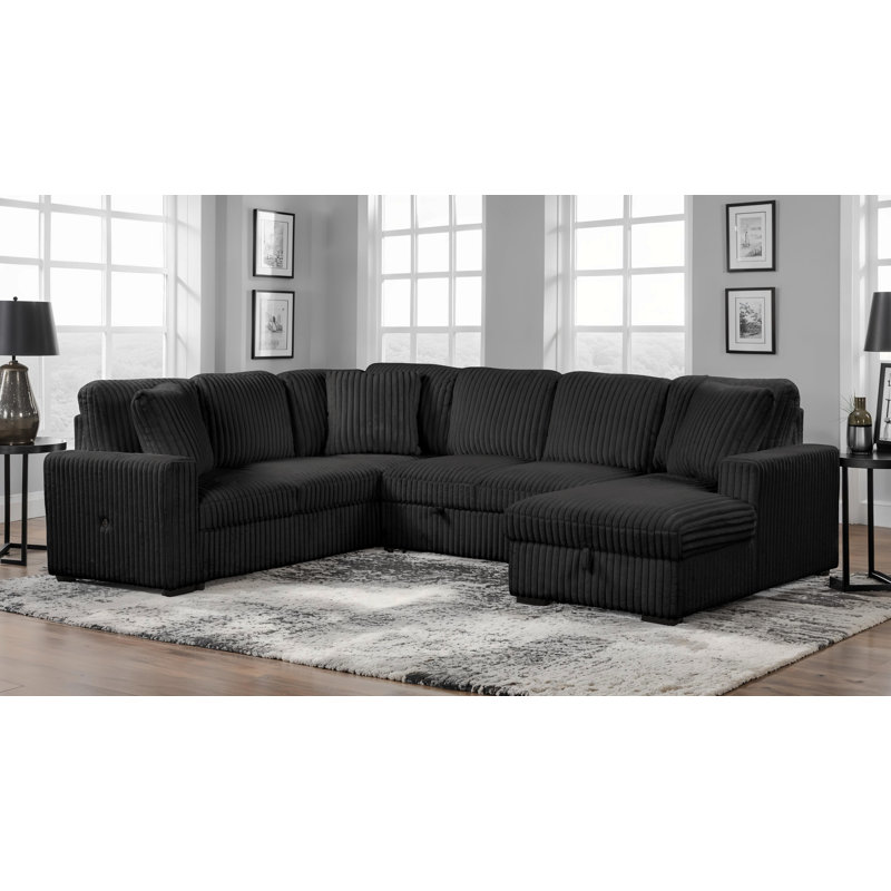 Grande Modern Style Sectional Sofa With USB-C, Sleeper Function & Storage Made With Wood In Black (CA INVENTORY), Black