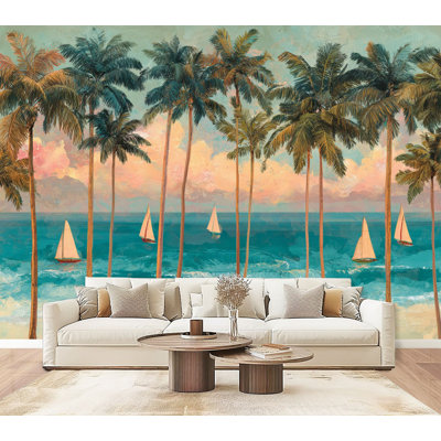 Beach Peel and Stick Wallpaper Serene Tropical Beach Scene Sailboats Crystal Waters Wall Murals 69"H x 96"W Removable PVC Wall Paper Self-Adhesive Wall Decor for Bedroom Living Room Home Office Bathroom
