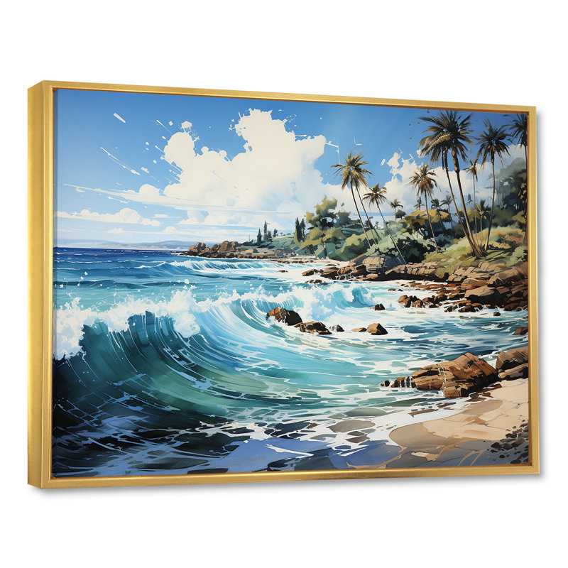 Palmier turquoise sur fond tropical, Cadre flottant doré, H 30 po x l 40 po x P 1,5 po