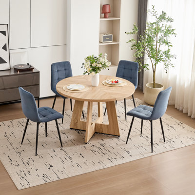 5 Piece 47'' Round Dining Table Set For 4, Farmhouse Kitchen Table With 4 Velvet/Corduroy Modern Dinning Room Chairs For Home, Apartment