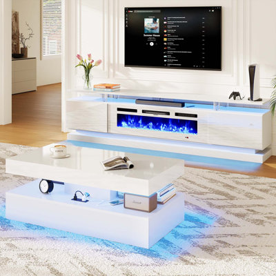 Ensemble de meubles de salon 2 pièces avec foyer électrique 70 po, table basse à DEL avec tiroirs, ensemble de divertissement moderne ultrabrillant