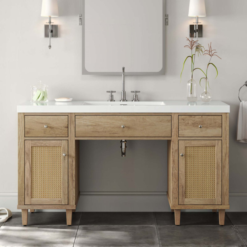 Meuble-lavabo de salle de bain avec lavabo SMC, armoire de rangement spacieuse moderne avec tiroirs à fermeture en douceur et plateau basculant, pieds en bois massif et boutons en métal