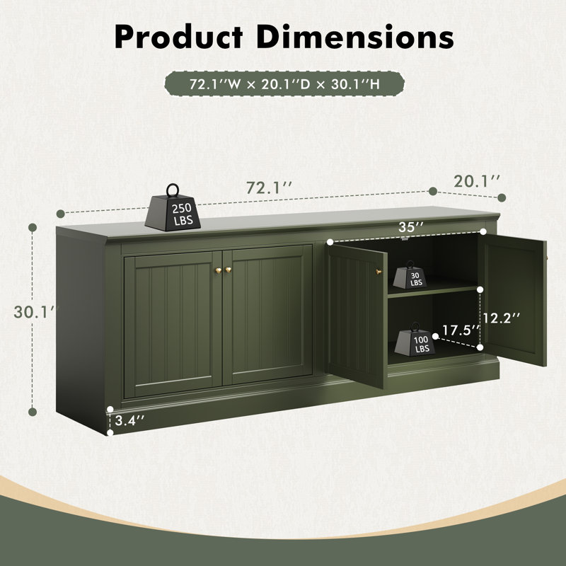72" W Large Farmhouse Sideboard Buffet Cabinet With Barn Doors & Adjustable Shelves, Green