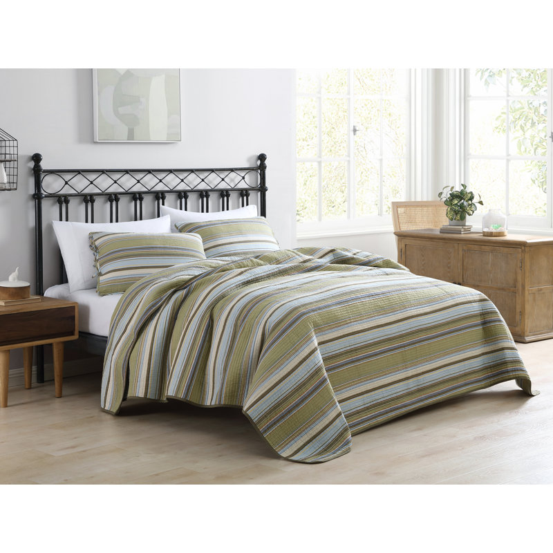Green Striped Cotton Twin Reversible Quilt Set