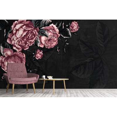 Dark Flower Pink Peony Drawing Leaves Removable Wallpaper