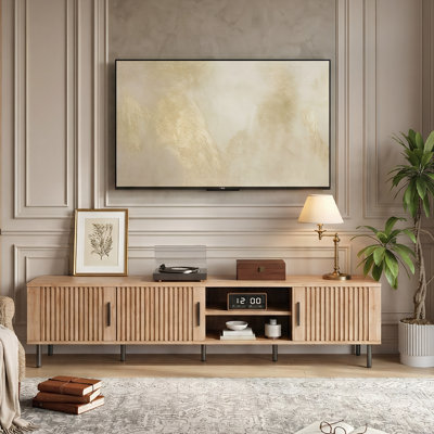 78" Modern Wood Britan With Vertical Groove Panels & Iron Legs For Tvs Up To 85", Natural