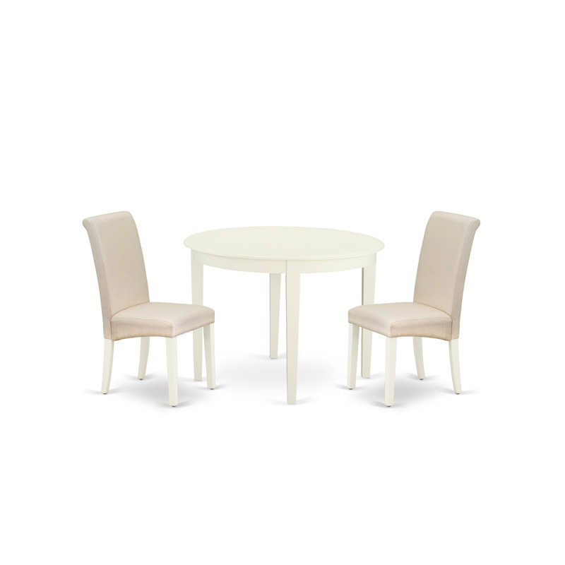 3 Piece Kitchen Table & Chairs Set Contains a Round Dining Room Table and 2 Cream Linen Fabric Upholstered Parson Chairs, Linen White