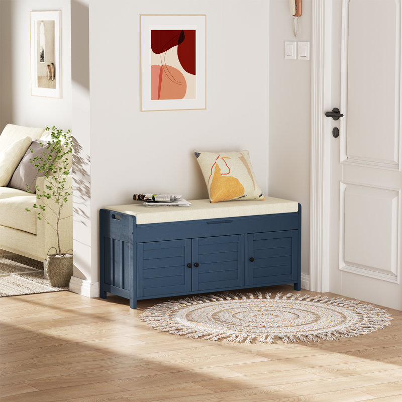 43.5" Entryway Bench with Hidden Shoe Storage and Cushion, Navy