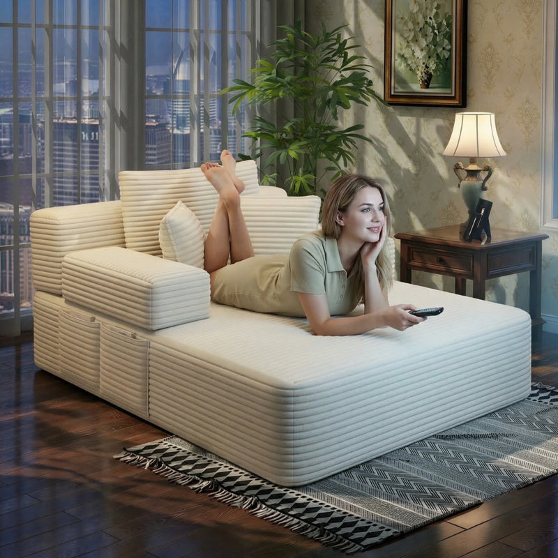 Corduroy Convertible Chaise Lounge Compression Sofa Bed Sleeper with Storage Pockets & 3 Pillows, Modern Oversized Sleeper Couch for Living Room, No-Assembly
