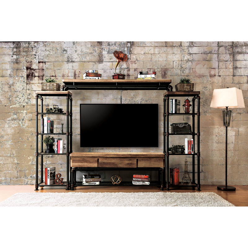 Console de télévision avec pont en métal et bois d'inspiration industrielle, 69,49 po de profondeur, 14,03 de largeur, assemblage simple de largeur, 7,53 de hauteur,