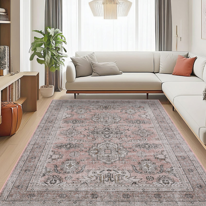 Large Washable Rug Non Slip Living Room Rug Vintage Floral Distressed Rugs Ultra-Thin Low Pile Non-Shedding Foldable Oriental Floor Carpet for Bedroom Dining Room Home Office Nursery Playroom