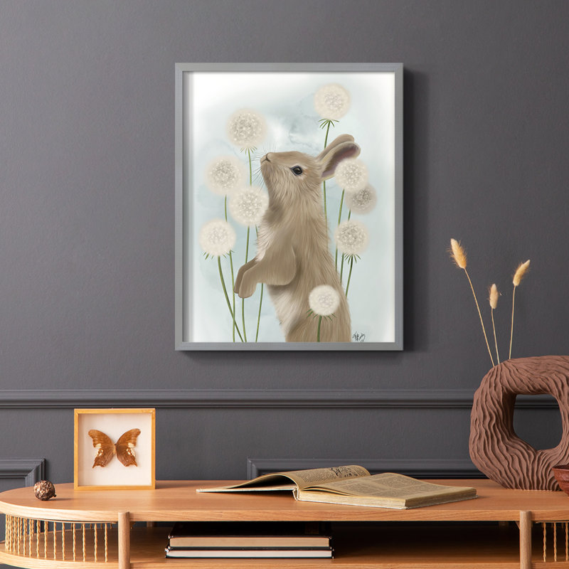 «Rabbit In Dandylions», reproduction encadrée - bois massif, Gris, H 10 po x l 8 po