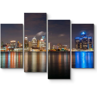 Architecture Building " Detroit Michigan City Night Skyline Architecture & Maps Cityscape Modern Art Extra Large Decor " 4 - Pieces