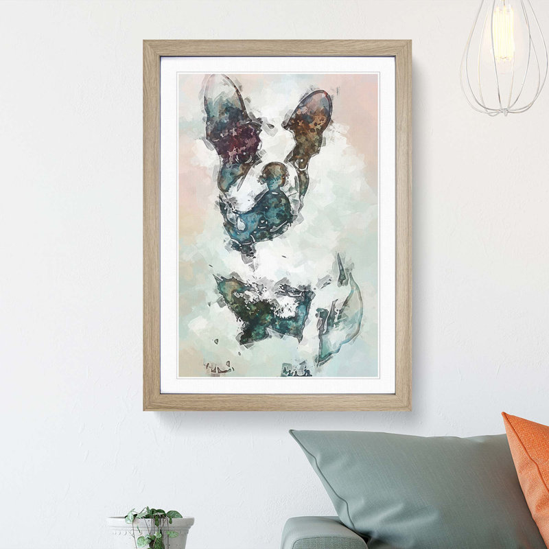 French Bulldog Dog Stencil in Abstract - Picture Frame Painting Print, Oak Framed, 65cm H x 48cm W x 2cm D