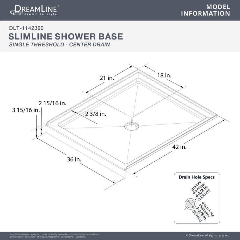 Base de douche DreamLine SlimLine P 42 po x l 36 po x H 2 3/4 po, L 36 po