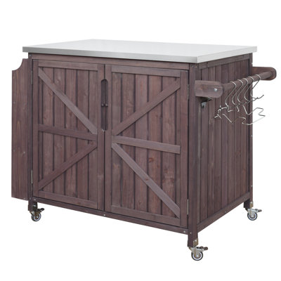 Îlot de cuisine 42,1 po avec tablette latérale, chariot de barbecue avec armoire de rangement, armoire de cuisine extérieure avec plateau en acier inoxydable, tablette réglable et 4 roulettes pour la préparation de pizzas