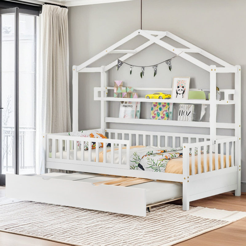 Lit en bois avec lit gigogne simple, Lit simple, White