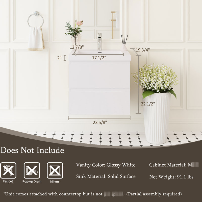 Meuble-lavabo mural blanc brillant de 24 po, lavabo à surface solide, solution peu encombrante, tiroirs à fermeture en douceur, lavabo en résine, méthode d'installation rapide