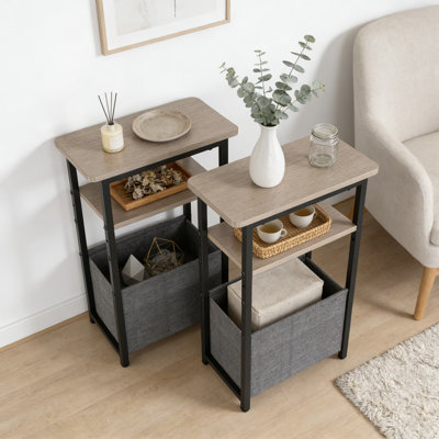 Slim Side Table Set Of 2 With Storage Basket, 2-Tier Narrow End Tables For Small Spaces, Nightstand Or Living Room Accent Table With Open Shelves