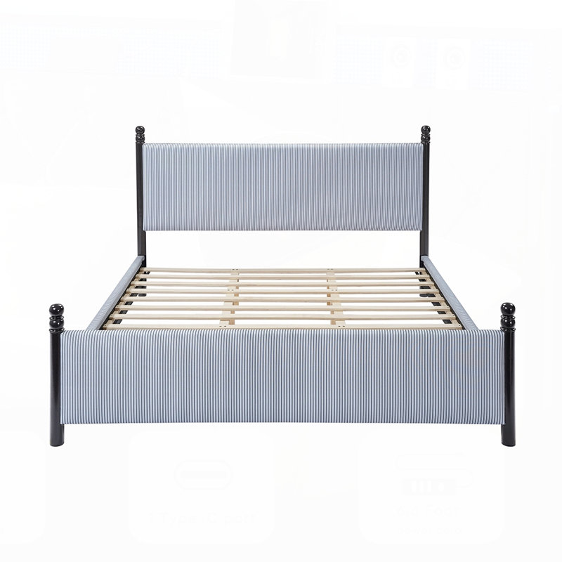 Lit tapissier en bois d'hévéa rayé de 48 pouces avec tête de lit haute et structure robuste, parfait pour le confort et la durabilité