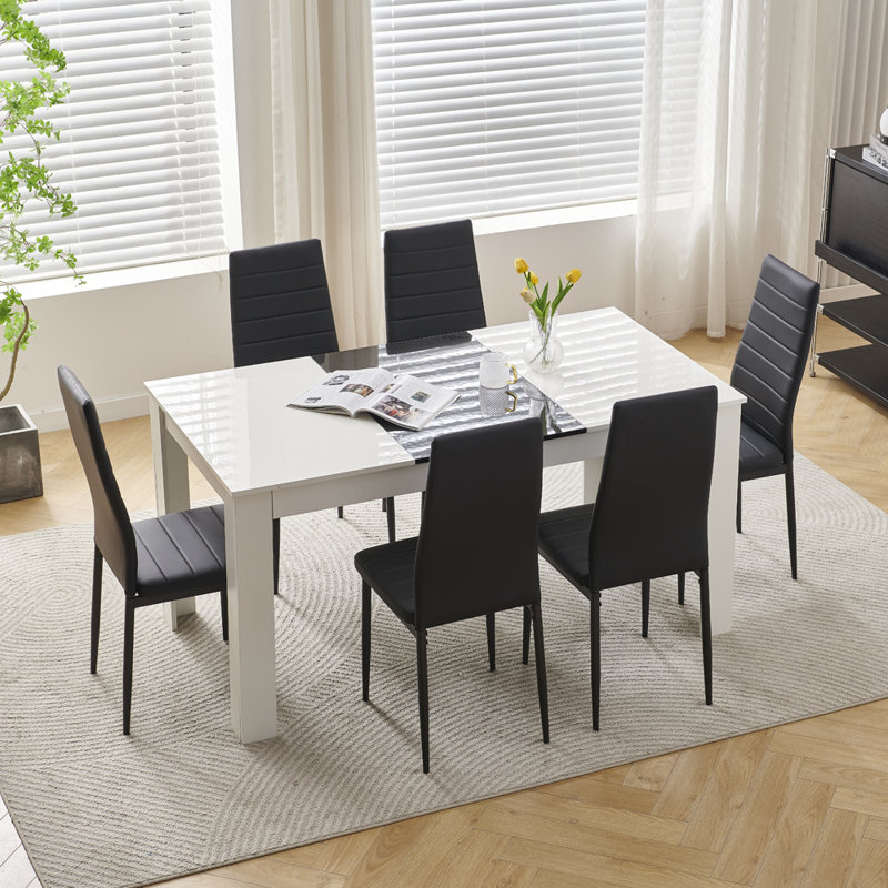 Solid Wood Dining Set, 150cm Table, 6 Seats Faux Leather Black