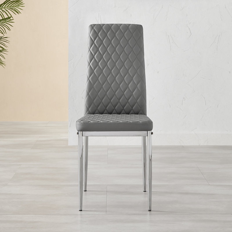 Lenworth Modern Chrome Metal and Glass Dining Table Set with 4 Luxury Faux Leather Dining Chairs, Gray