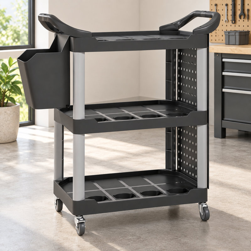 Chariot utilitaire roulant à 3 niveaux avec roues, panneaux perforés et bac, chariot de rangement d'outils en plastique de 90 kg (200 lb) pour garage, entrepôt et atelier, noir et gris pâle