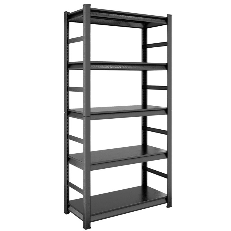 Étagère de rangement à 5 niveaux en acier noir avec tablettes réglables et rails latéraux, capacité de 2000 lb pour la cuisine et le garage
