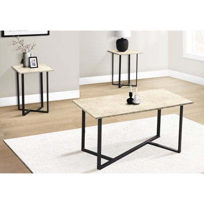 Élégante table 3 pièces avec stratifié en pierre crème et métal noir, tables de bout rectangulaires assorties, finition de décor de salon, pieds en métal, tables pour