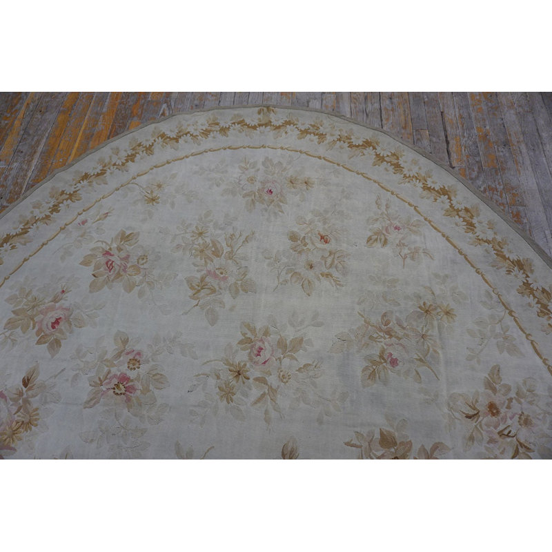 Light Cream Color Faded Floral Motif Antique Oval Room Size French Aubusson Rug