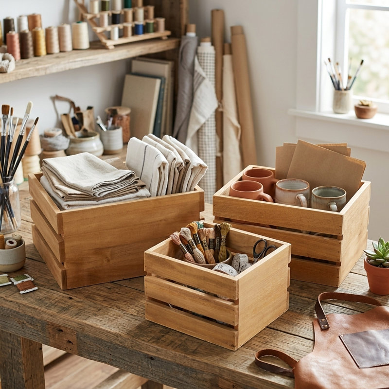 Farmstead Set of 3 Wood Storage Crates, Rustic Nesting Bins, Natural, Brown