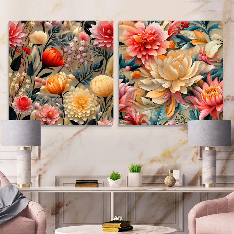 Coquelicots beiges et roses Expression - Ensemble abstrait d'art mural en verre acrylique sur 2, H 36 po x l 73 po