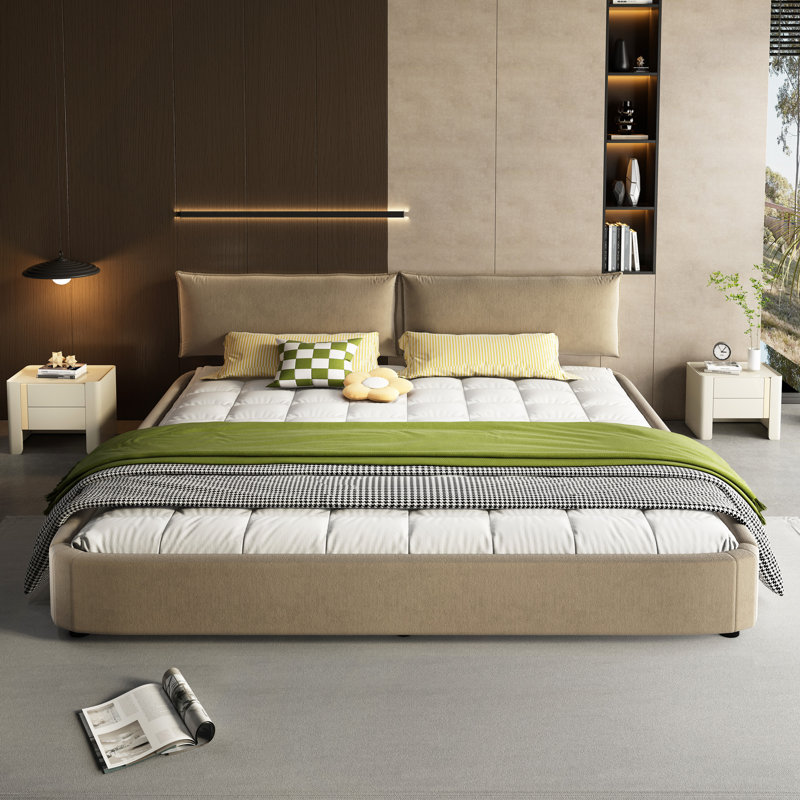 Structure de lit Cloud avec tête de lit mobile surdimensionnée et rembourrée, lit tapissier en chenille avec coin rond, support double à lattes en bois massif et en métal, aucun sommier nécessaire