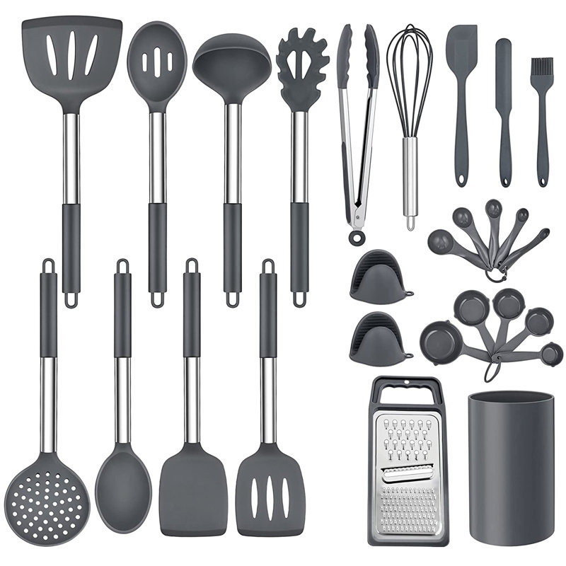 Ensemble de 27 ustensiles de cuisine en silicone, acier inoxydable, résistant à la chaleur antiadhésif, gris