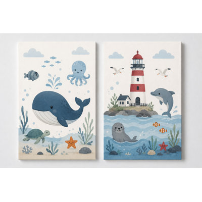 Grand ensemble de 2 animaux muraux océaniques pour chambre de bébé, baleine, phare, dauphin, aquarelle, décoration sur toile pour chambre de bébé côtier, impression sur toile 16 x 24 pouces - prête à être accrochée