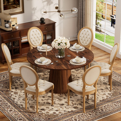 Round Mid-century Farmhouse Dining Table Set for 4-6, Wooden Kitchen Table and Faux leather Chairs for Dining Room, Apartment
