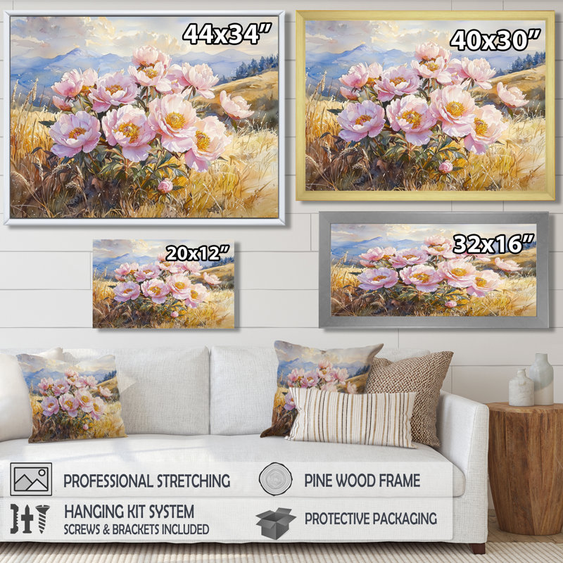 «Gissette Mountain Meadow Pe pivons II», art mural pivoines, Brun, H 12 po x l 20 po, Impression encadrée flottante