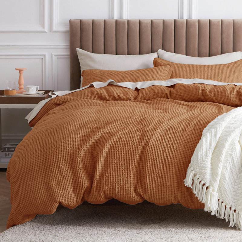 Essential Collection 100% Cotton Waffle Weave Duvet Cover Set, Queen Duvet Cover + 2 Standard Shams, Hazel