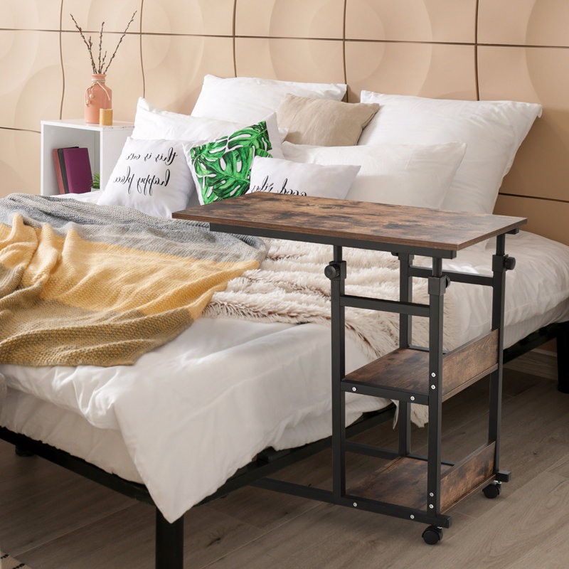C-Shaped Mobile Rolling Sofa Side Table With 3-Tier Storage Shelving, Adjustable Height, Wheels