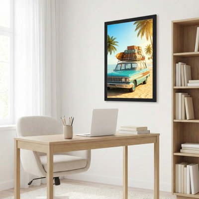 Vintage Car With Surfboard And Luggage On Beach Canvas Wrapped Wall Art Oil Painting Print Set Of 1