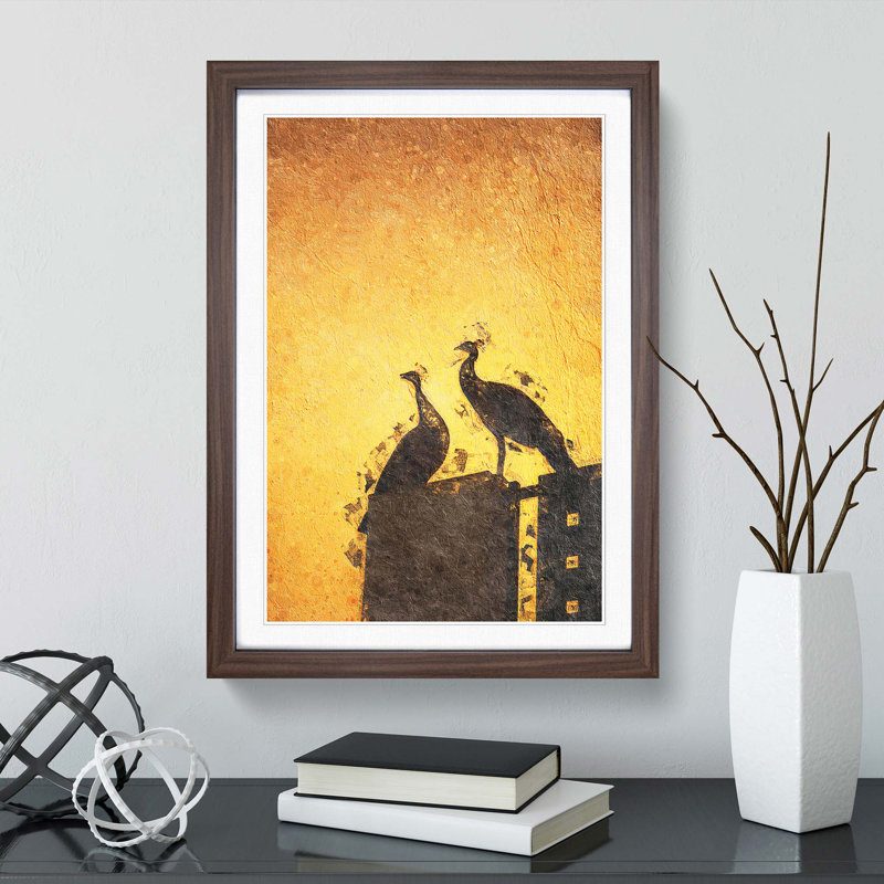 Silhouette of Two Peacocks in Abstract - Picture Frame Painting Print, 65cm H x 48cm W x 2cm D, Walnut Framed