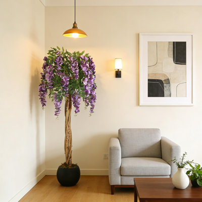 Artificial Purple Bean Flower Tree with Cement Pot - Lifelike Hanging Vine & Moss for Home Décor, Office, Wedding
