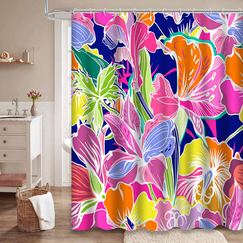 Rideau de douche imperméable à motif floral rétro avec 12 crochets, L 72 po x l 78 po