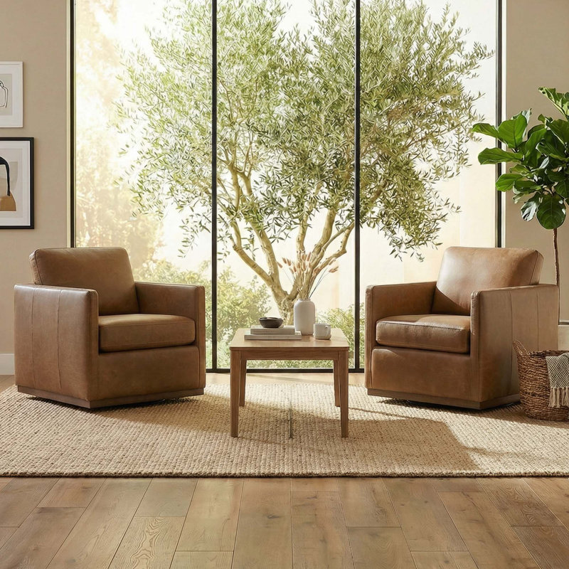 Fauteuil Bobbi en cuir véritable (lot de 2), Brun Marseille
