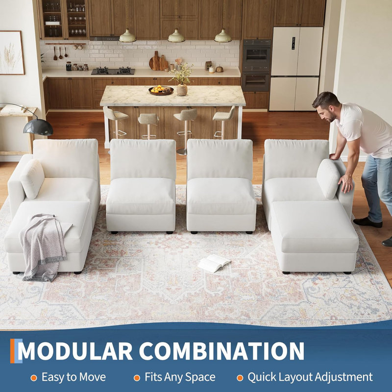 Canapé modulaire de 135,5 po, canapé en chenille en U avec repose-pieds 6 places, canapé convertible à assise profonde, beige